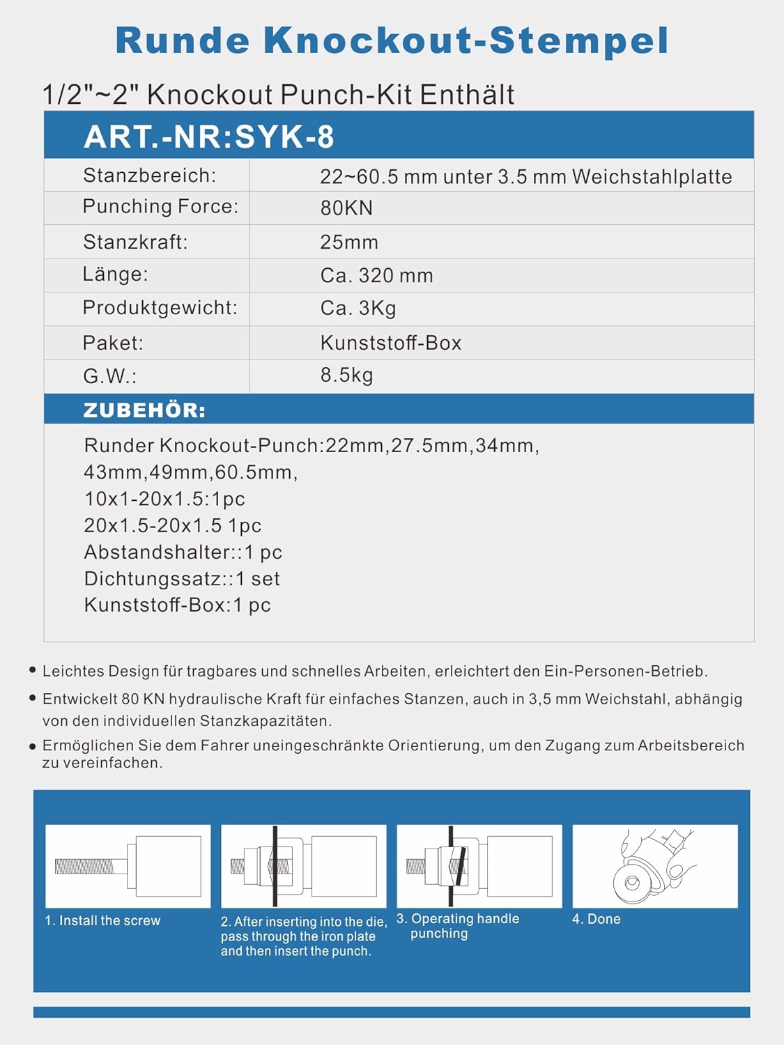 AMZCNC Hydraulische perforatieset, 10 ton, handpomp, staal, perforatiegereedschap met 6 stansvormen, stansen van 22 mm, 27,5 mm, 34 mm, 43 mm, 49 mm, 60,5 mm, hydraulische ponsen