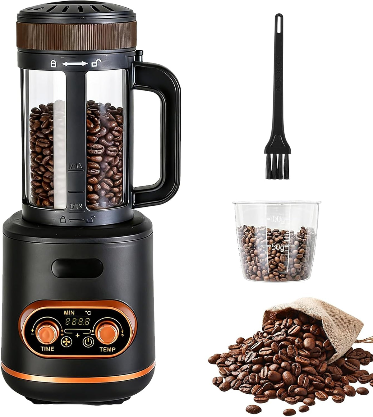 Koffiebrander met hete lucht, 200 g, 2200 W, automatische roostermachine voor koffiebonen, gedeelde koffiebonen, timer en timer traploos regelbaar, ideaal voor thuis en café