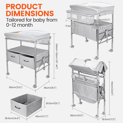 Orzbow Draagbare Baby Luiertafel met Laden en Nachtlampje, in Hoogte Verstelbaar Babyverschoontafel met Veiligheidsgordel, Opvouwbaar en Mobiel Verzorgingstafel, Ruime Opbergruimte, Grijs