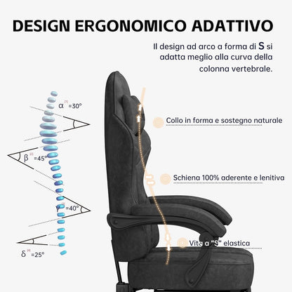 Gaming Stoel – Ergonomische Computerstoel – Bureaustoel – Gamestoel – PC-Stoel – Verstelbare Rugleuning – Ademend Technische Stof – Voetensteun – Hoofdsteun – Lendenkussen – Max 150 kg – Zwart