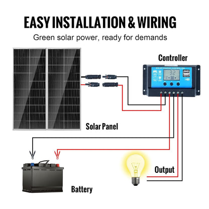 VEVOR 200 W solar panel, set of 2 12 V monocrystalline solar panel plus charge controller, 16.66 A solar installation, conversion rate of 23%, compatible with AGM, gel, FLD, LI batteries, ideal