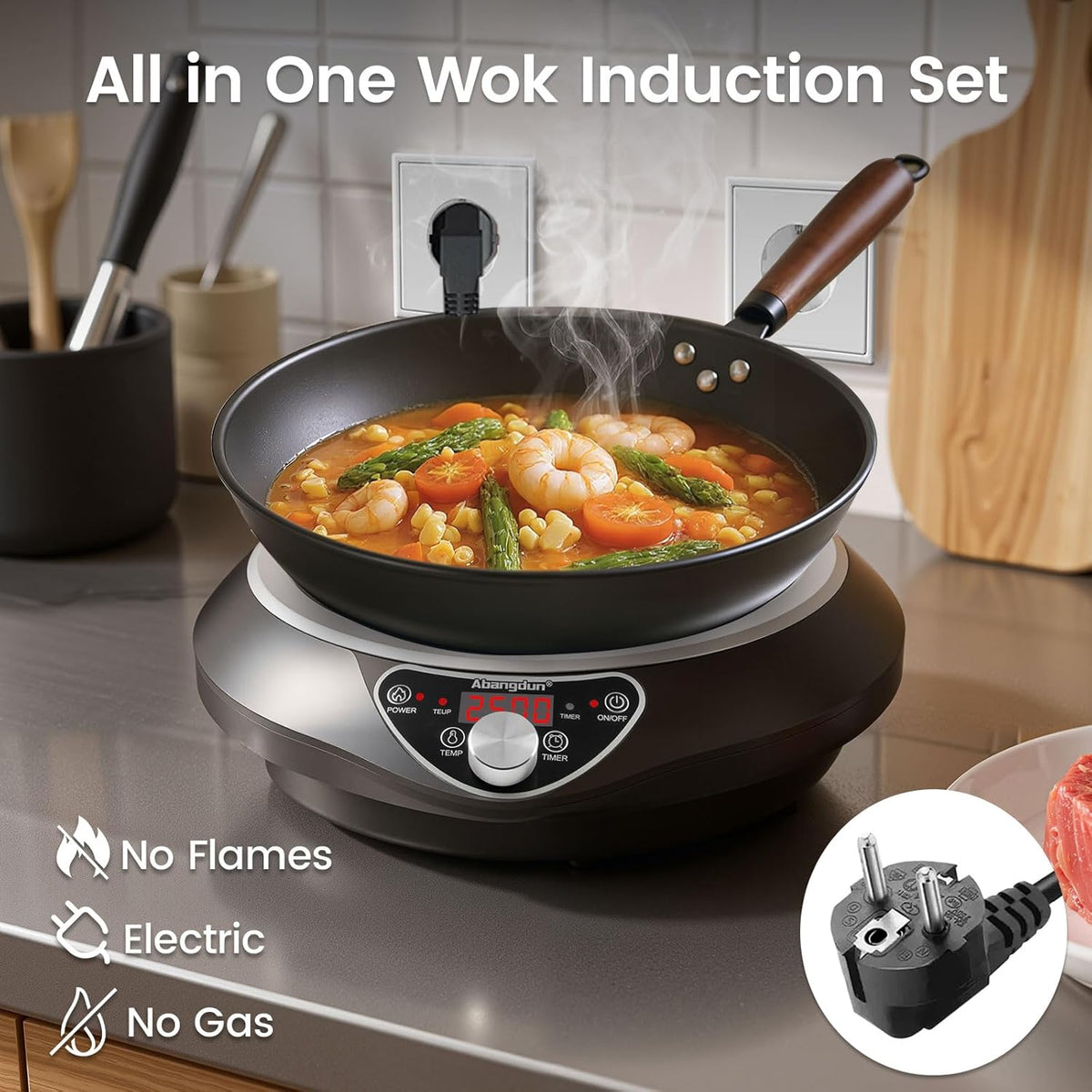 Wok Inductiekookplaat, 2500 W, inductiekookplaat met wok, 12 warmtestanden, kookplaat, inductie, temperatuurbereik 60-240 °C
