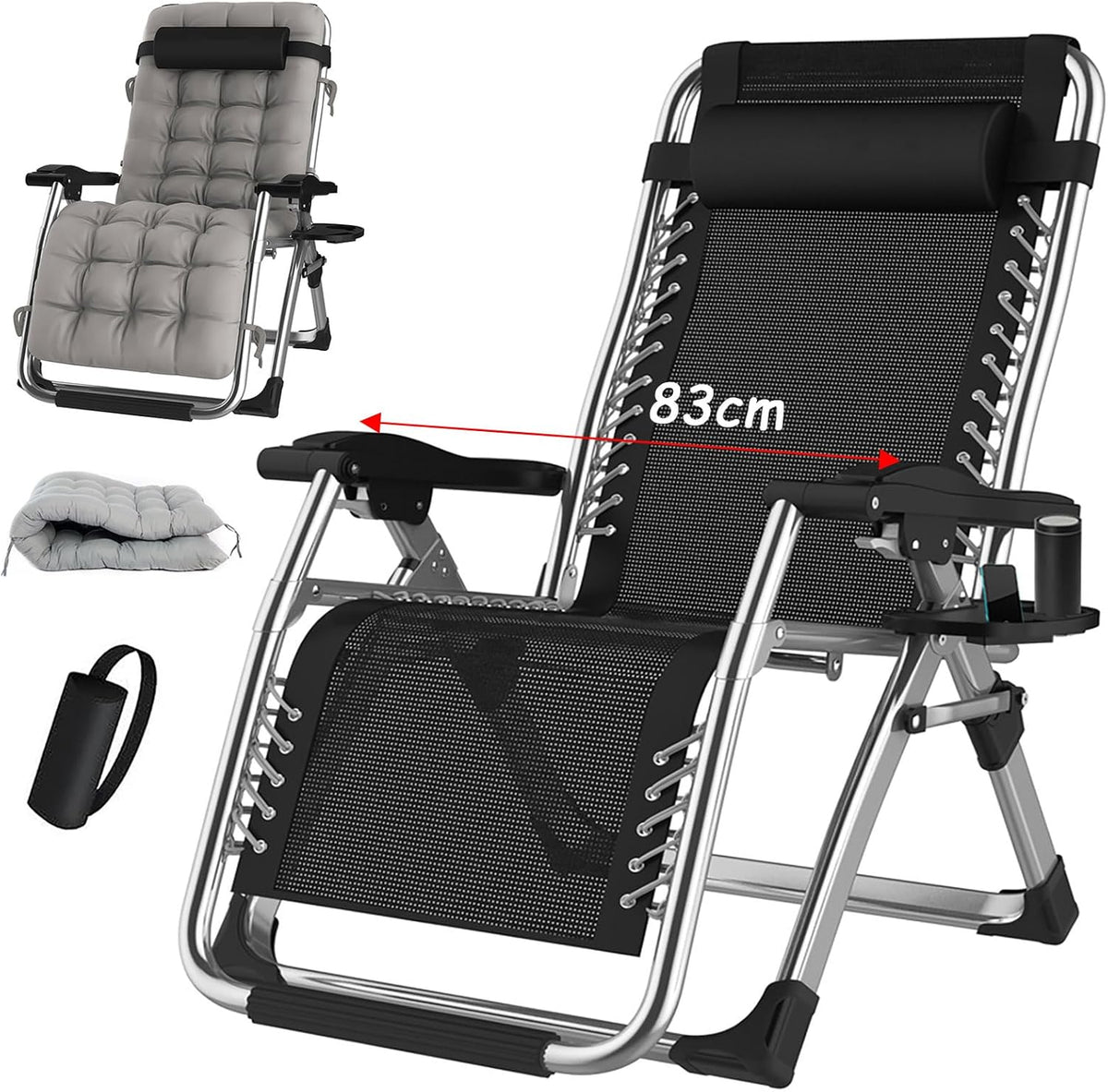 Zero Gravity Folding Sun Lounger Supports Up to 200 kg Recliner Foldable Sun Lounger Folding with Cup Holder Cushion Headrest for Garden, Patio or Balcony (Silver, 83 cm)