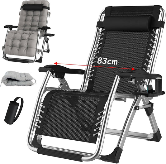 Zero Gravity Folding Sun Lounger Supports Up to 200 kg Recliner Foldable Sun Lounger Folding with Cup Holder Cushion Headrest for Garden, Patio or Balcony (Silver, 83 cm)