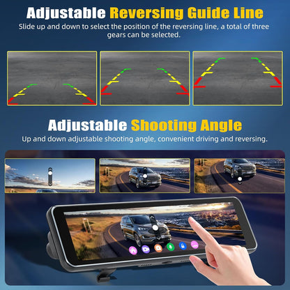 Spiegel Dashcam met Achteruitrijcamera – Dashcam, Autocamera, Spiegelcamera, Rijcamera – 10,88 Inch IPS-Touchscreen – 4K Voorcamera En 1080p Achtercamera