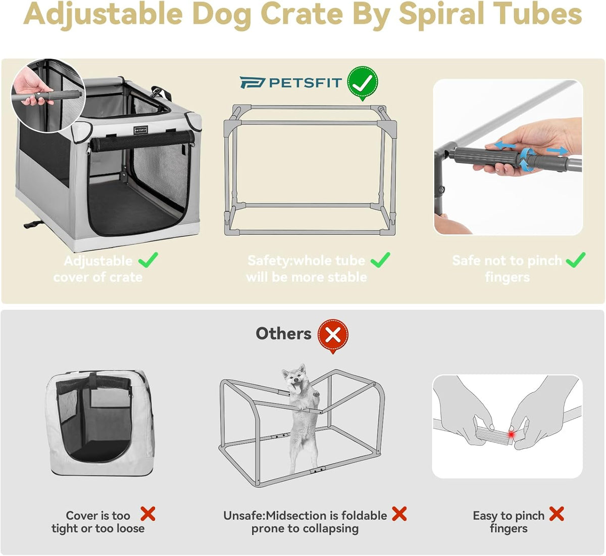 Petsfit Hondenbench met dikke mat, verstelbare stoffen hoes, ademende gaasdeuren, hondenkratten voor grote honden, 91 cm L x 61 cm B x 59 cm H grijs