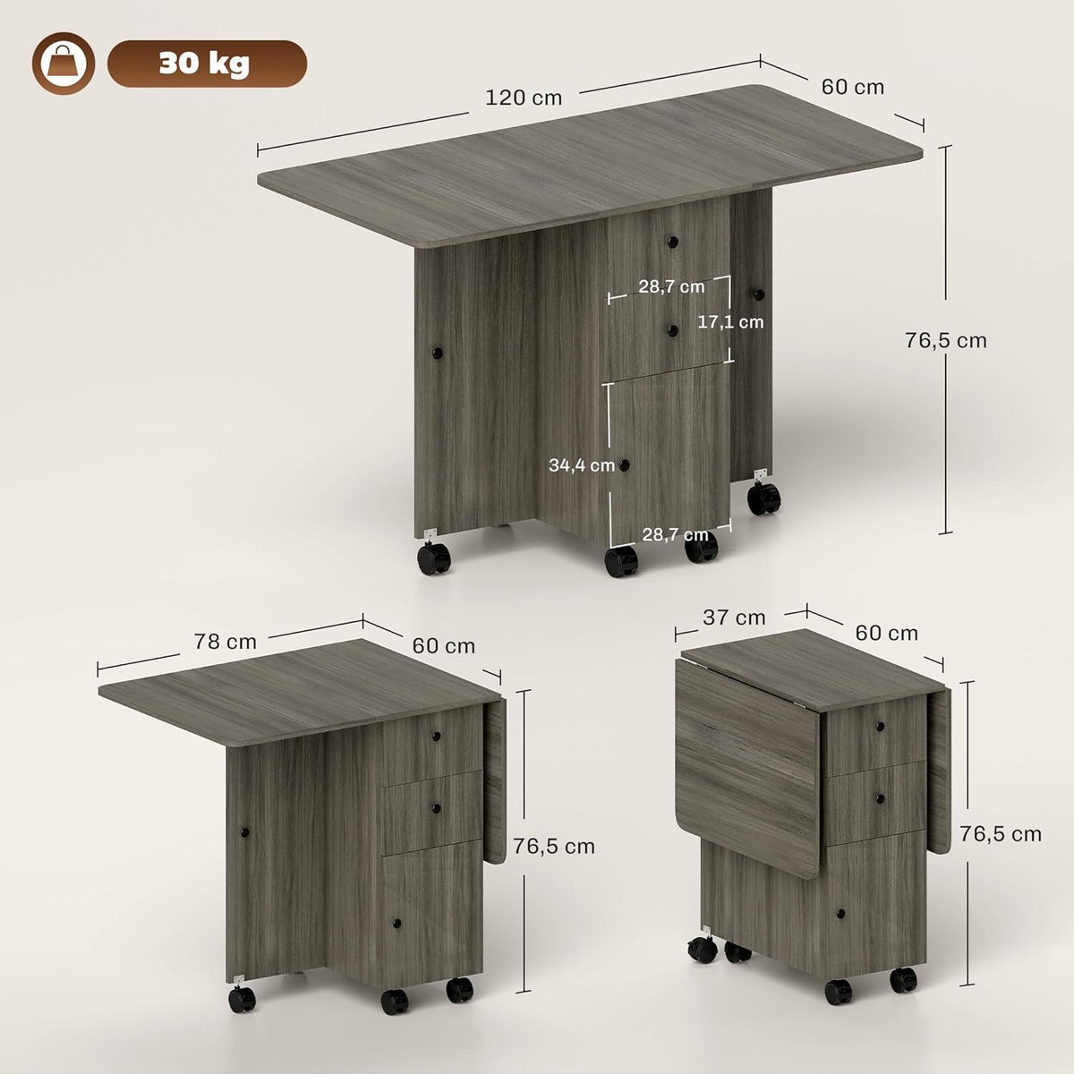 HOMCOM Keukentafel, opvouwbaar, 2 opklapbare dienbladen met 2 laden, 1 kast en 1 opbergrek, 120 x 60 x 76,5 cm, donkergrijs
