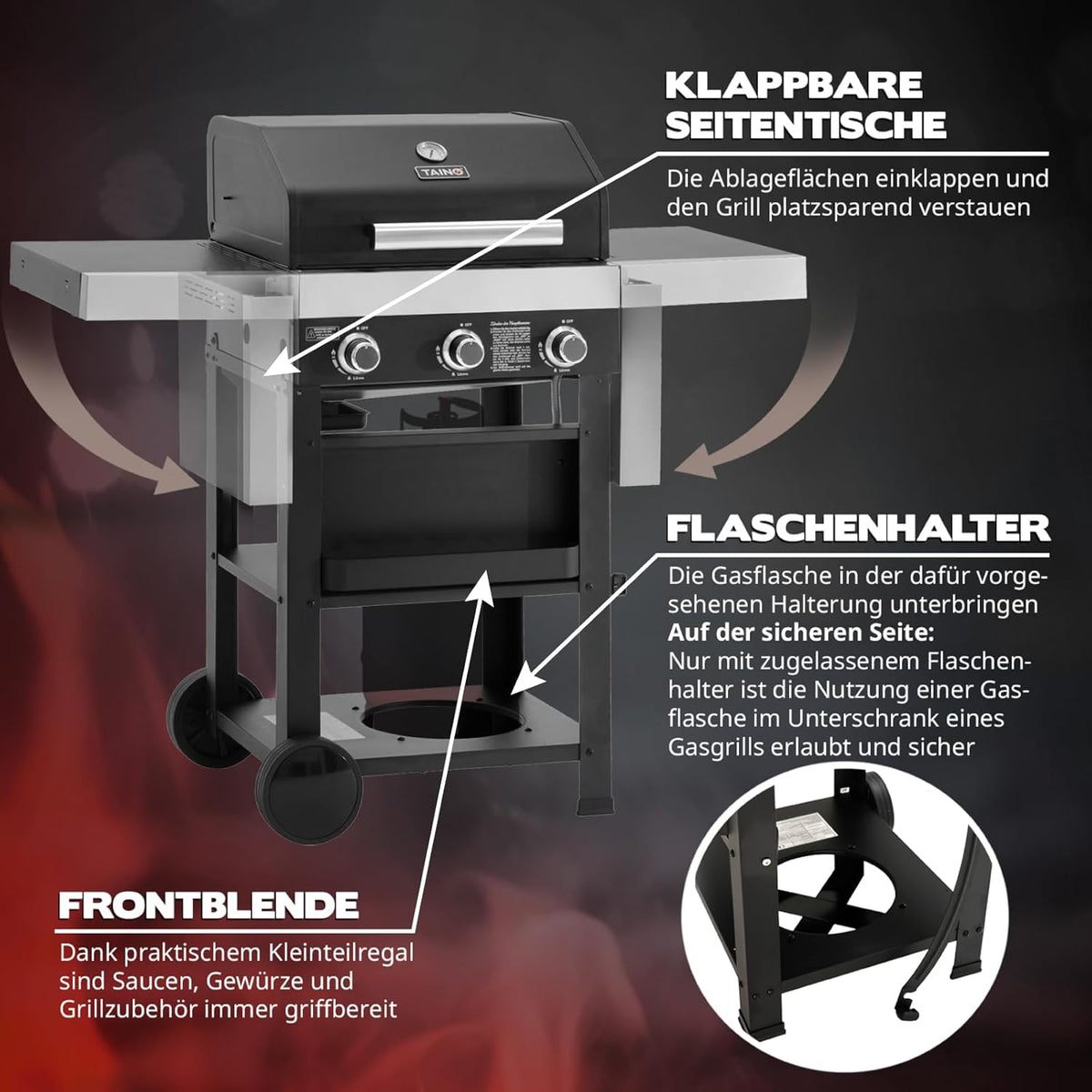 TAINO WABAYA 3+0 Gas Grill Trolley 2 Burners Ceramic Skewer Piezo Ignition Thermometer Warming Rack Matt Black - QUORE