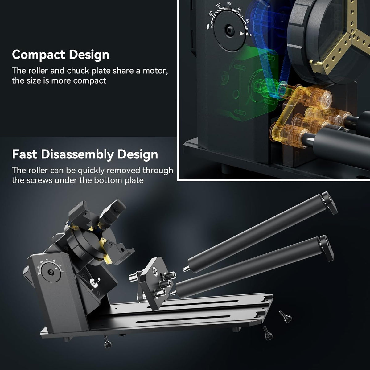 SCULPFUN RA Pro Max Rotary Roller, 4-in-1 roterende Chuck voor lasergraveermachine, Y-as rotatiemodule, met 180° instelbare hoek, voor het graveren van cilindrische, onregelmatige ronde objecten