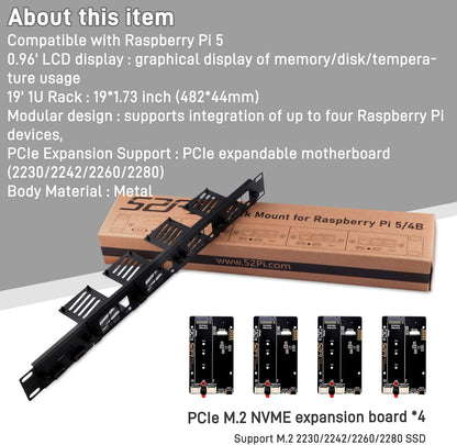 GeeekPi 19" 1U rackmontage voor Raspberry Pi 5, met 4 stuks PCIe naar M.2 NVMe SSD-adapters en OLED-scherm, compatibel met 19 inch serverrek