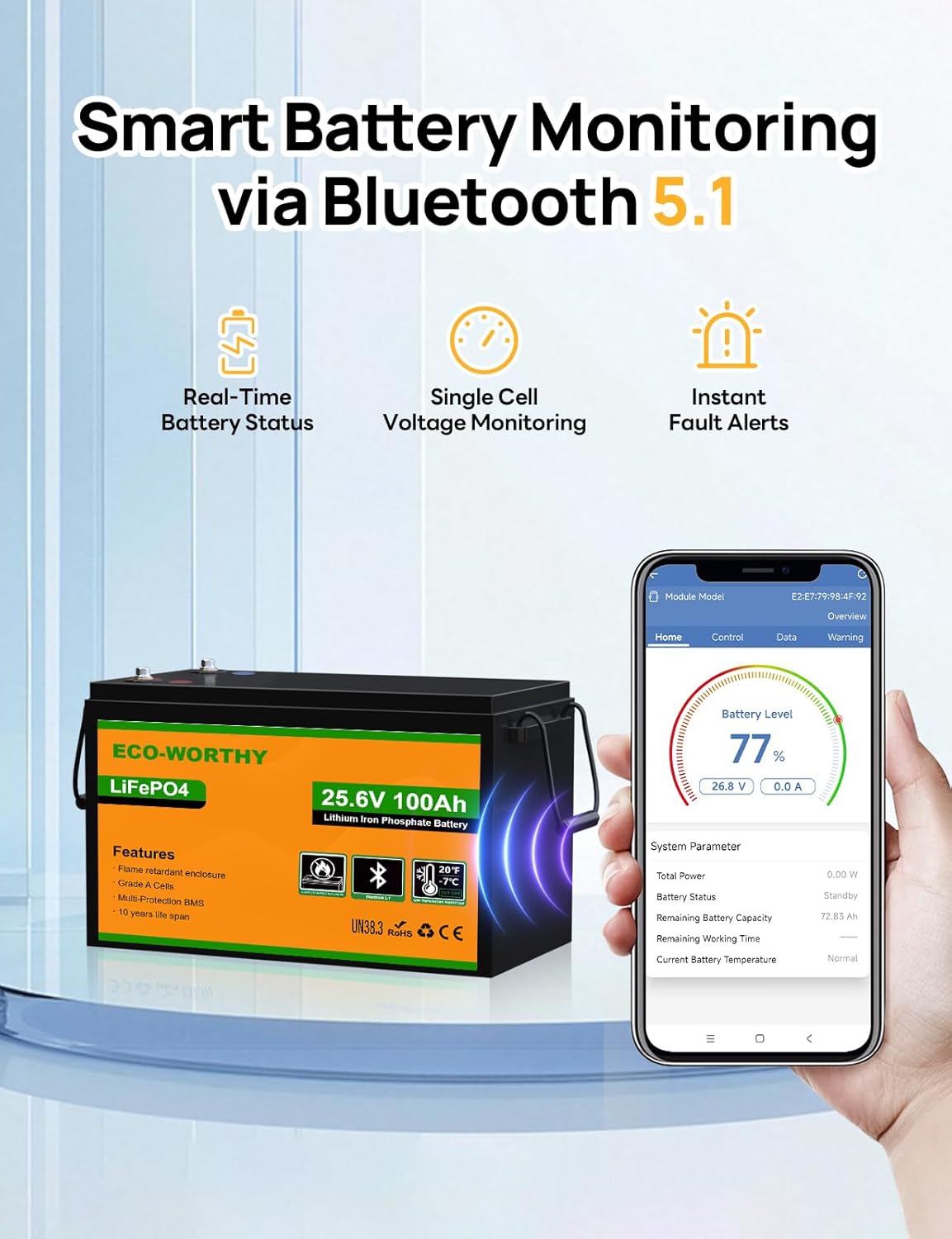 ECO-WORTHY LiFePO4 Batterij Bluetooth BMS Low Temperature Protection en 4000-15000 cycli 640Wh lithiumbatterij voor trolling-motor, boot - QUORE