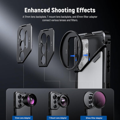 NEEWER PA082 S25 Ultra Telefoonhouder voor het opnemen van filmen met 2x handvat, 67mm filteradapter, 17mm Lens Backplate, T-Mount Adapter, Video Rig Stabilizer Compatibel met Samsung Galaxy S25 Ultra