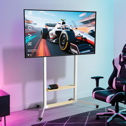 unho Mobiele tv-standaard met wielen voor tv's van 40-100 inch, witte tv-trolley, rollende tv-standaard met planken, verstelbare hoogte, heavy-duty MDF en stalen constructie, maximale belasting 100 kg