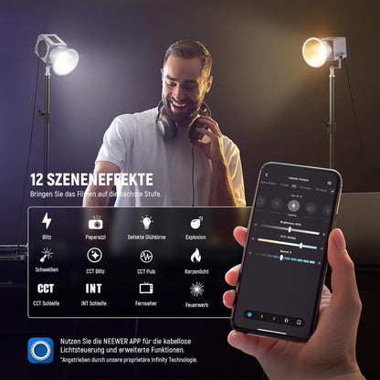NEEWER HS60B videolamp mini studiolamp met app-bediening, 60 W continu licht draagbare tweekleurige COB LED studiolamp, 35000Lux/1m, 2700K - 6500K 0-100% PWM dimming, CRI/TLCI 97+, 12 scènes, USB type