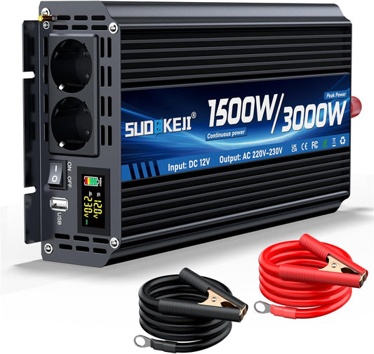 12 V Naar 230 V Spanningsomzetter – Omvormer – Stroomomzetter – Inverter – DC Naar AC Converter – 1500 W Continu Vermogen – USB & Type-C Poorten