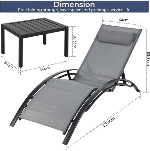 Ligstoel - Tuinligstoel - Ligbed - Ligbeddenset - met Bijzettafel - Kussens - Stapelbare - Verstelbaar -  Weerbestendig - voor Tuin - Zwembad - Strand - Aluminium - 64 x 153 x 83.5 cm Ligstoel - 46 x 35 x 28.3 cm - Grijs