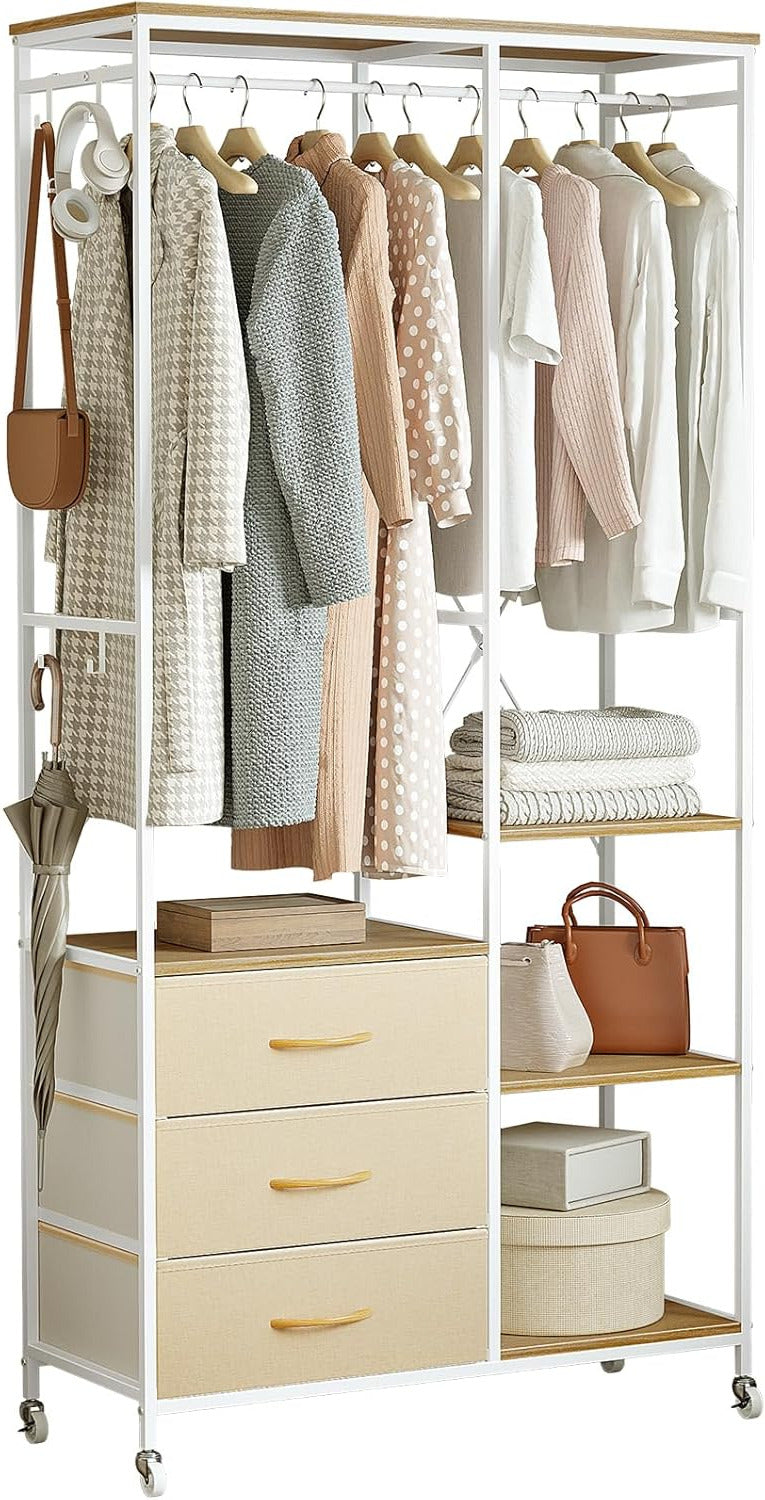 Kledingrek – Garderoberek – Open Kast – Kledinghouder – Kledingwagen Beige – Stalen Frame – 3 Lades Met Wieltjes En Haken