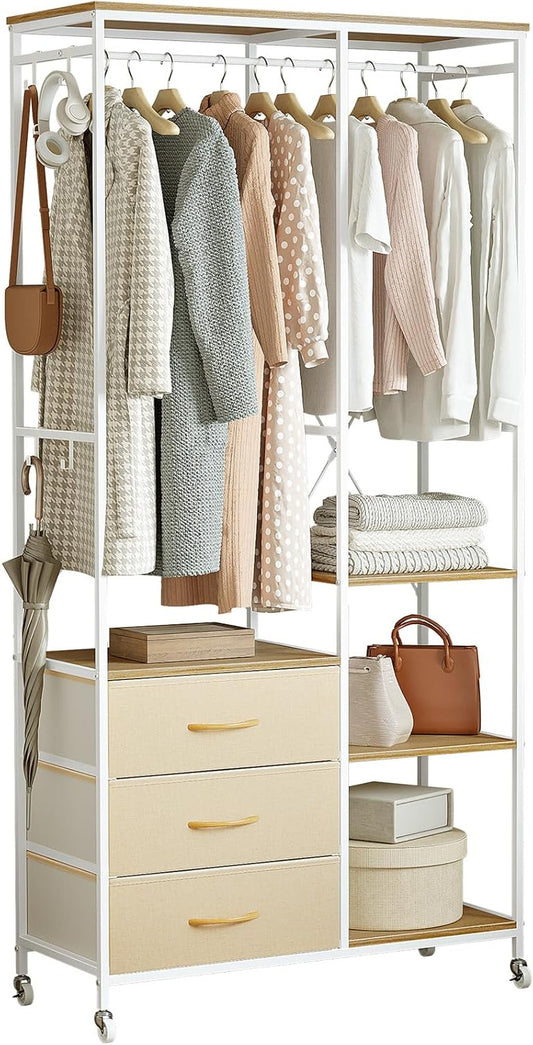 Kledingrek – Garderoberek – Open Kast – Kledinghouder – Kledingwagen Beige – Stalen Frame – 3 Lades Met Wieltjes En Haken
