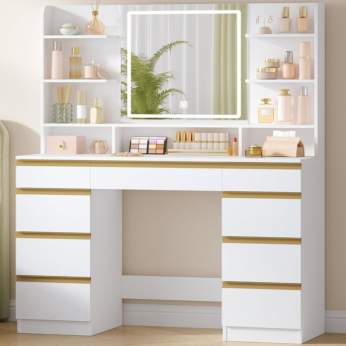 Hzuaneri Large Dressing Table with LED Lights, 3 Colors, Adjustable Brightness, Dressing Table with Mirror, 9 Drawers, 9 Open Shelves, Modern Style, White-Gold DT41903X
