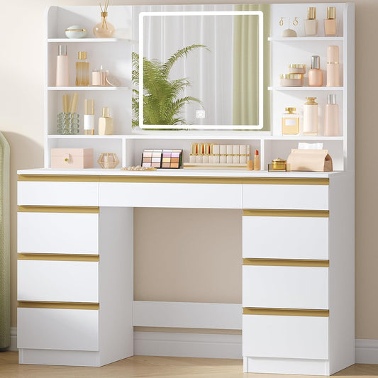 Hzuaneri Large Dressing Table with LED Lights, 3 Colors, Adjustable Brightness, Dressing Table with Mirror, 9 Drawers, 9 Open Shelves, Modern Style, White-Gold DT41903X