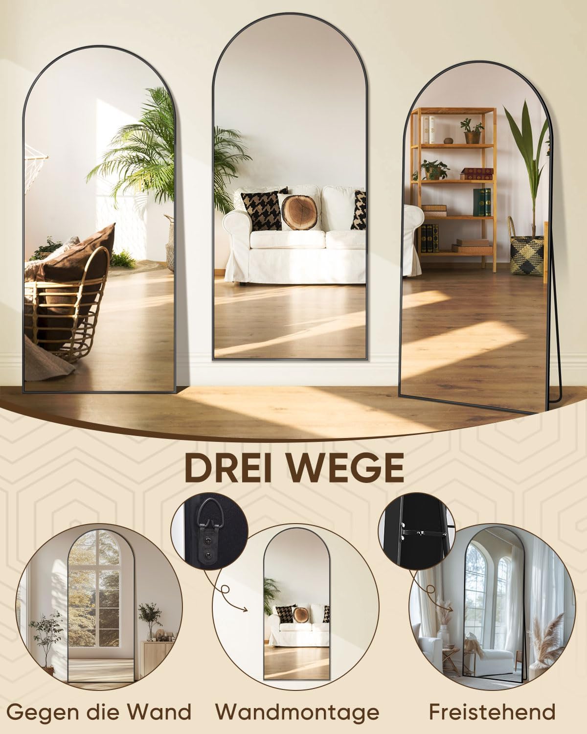 Vloerspiegel – Staande Spiegel – Wandspiegel – Lengtespiegel – Volledige Lengte Spiegel – Zwart Aluminium Frame – Onbreekbaar Glas – 180 x 66 cm – Gebogen Design