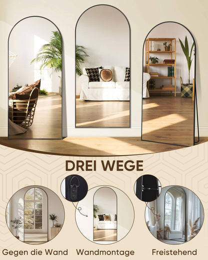 Vloerspiegel – Staande Spiegel – Wandspiegel – Lengtespiegel – Volledige Lengte Spiegel – Zwart Aluminium Frame – Onbreekbaar Glas – 180 x 66 cm – Gebogen Design