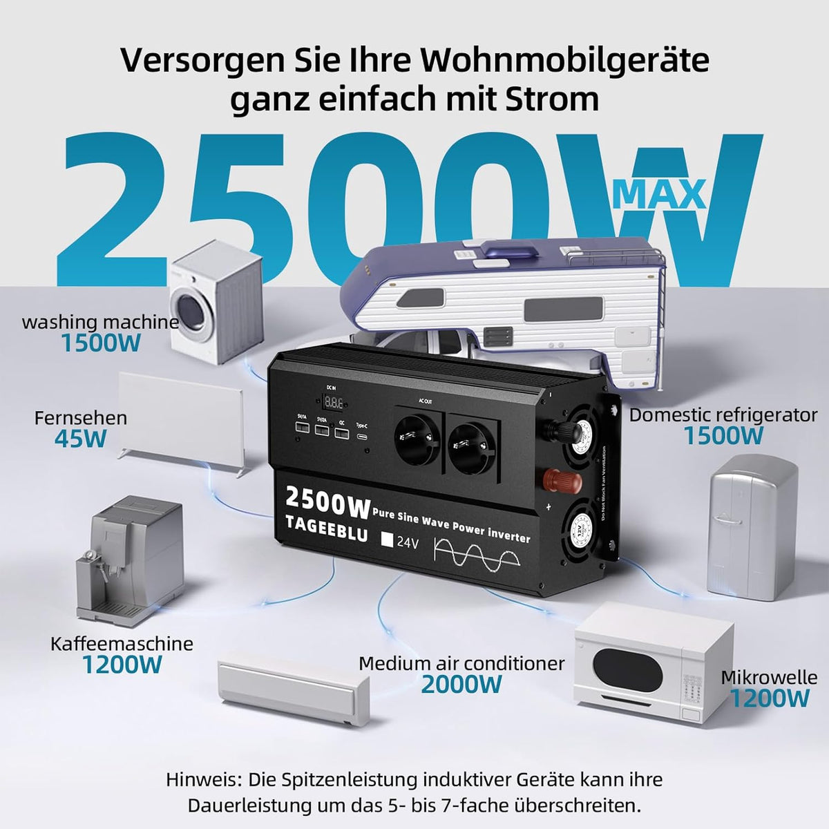 2000W zuivere sinus omvormer 24v 220v vrachtwagen, transformator 24v 220v met LCD-scherm, 4 EU-stopcontacten
