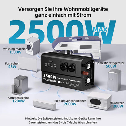 2000W zuivere sinus omvormer 24v 220v vrachtwagen, transformator 24v 220v met LCD-scherm, 4 EU-stopcontacten