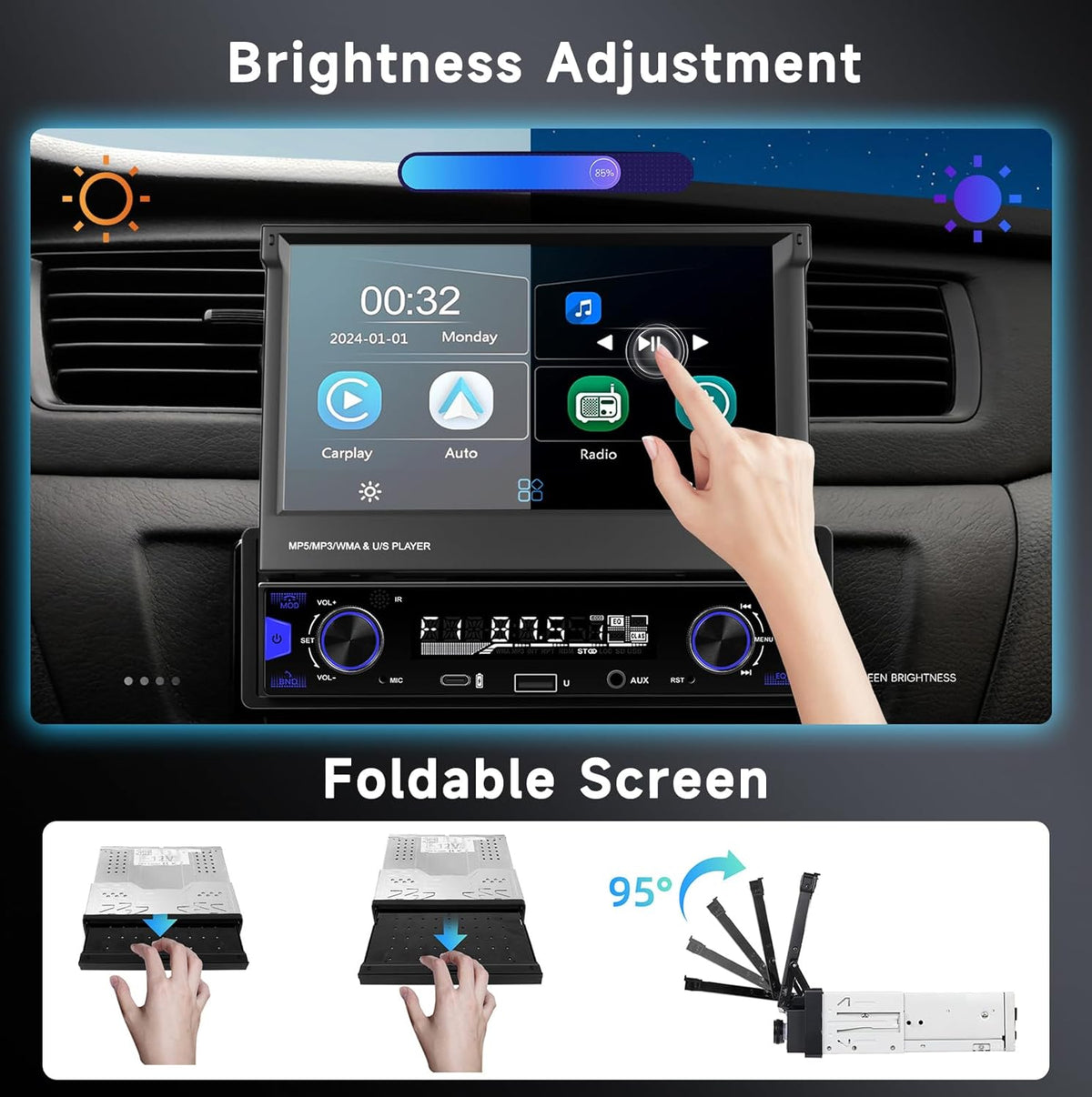 Hodozzy Autoradio 1 DIN met Carplay Android auto, draadloos, uittrekbaar touchscreen, 7 inch (17,8 cm), Bluetooth radio FM/AM/RDS, MP5-radio met MirrorLink/USB/AUX/Type-C + stuurbediening en camera