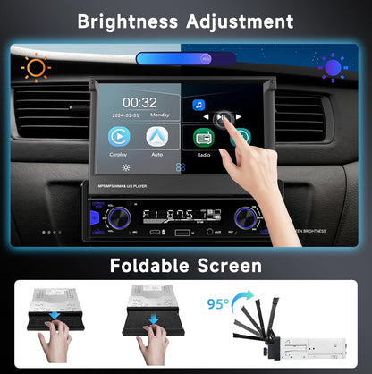Hodozzy Autoradio 1 DIN met Carplay Android auto, draadloos, uittrekbaar touchscreen, 7 inch (17,8 cm), Bluetooth radio FM/AM/RDS, MP5-radio met MirrorLink/USB/AUX/Type-C + stuurbediening en camera