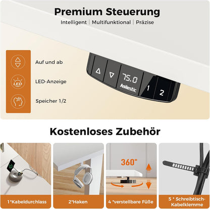 Agilestic Elektrisch sta-bureau 160 cm in L-vorm, in hoogte verstelbaar om thuis staand of zittend te werken, ergonomisch computerbureau, wit