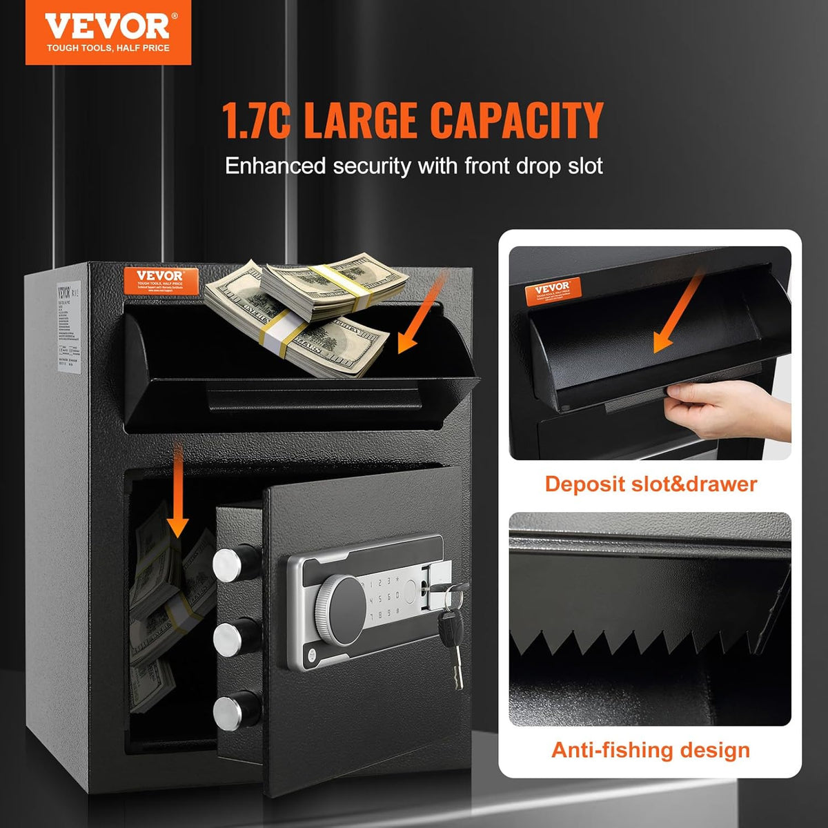VEVOR 1.7 Cub Depository Safe, Deposit Safe with Drop Slot, Electronic Code Lock and 2 Emergency Keys, 17.71" x 13.77" x 13.77" Business Drop Slot Safe for Cash, Mail in Home, Hotel, Office