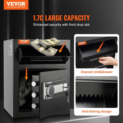 VEVOR 1.7 Cub Depository Safe, Deposit Safe with Drop Slot, Electronic Code Lock and 2 Emergency Keys, 17.71" x 13.77" x 13.77" Business Drop Slot Safe for Cash, Mail in Home, Hotel, Office