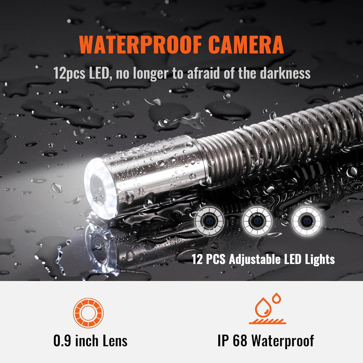 VEVOR Inspectiecamera, 91,5 m, 720p kanaalcamera, 130 graden, endoscoopcamera, 12 V, 4500 mAh lithium batterij, 6 uur, buisinspectiecamera, IP68, voor afvalwaterkanalen, afvalwatersystemen, afvoeren