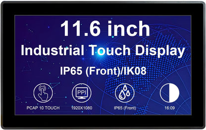 VSDISPLAY 11,6 inch Full HD industrieel touchscreen, 1920 × 1080, 280 nits, IP65-bescherming, 10-punts capacitieve touch, groot temperatuurbereik