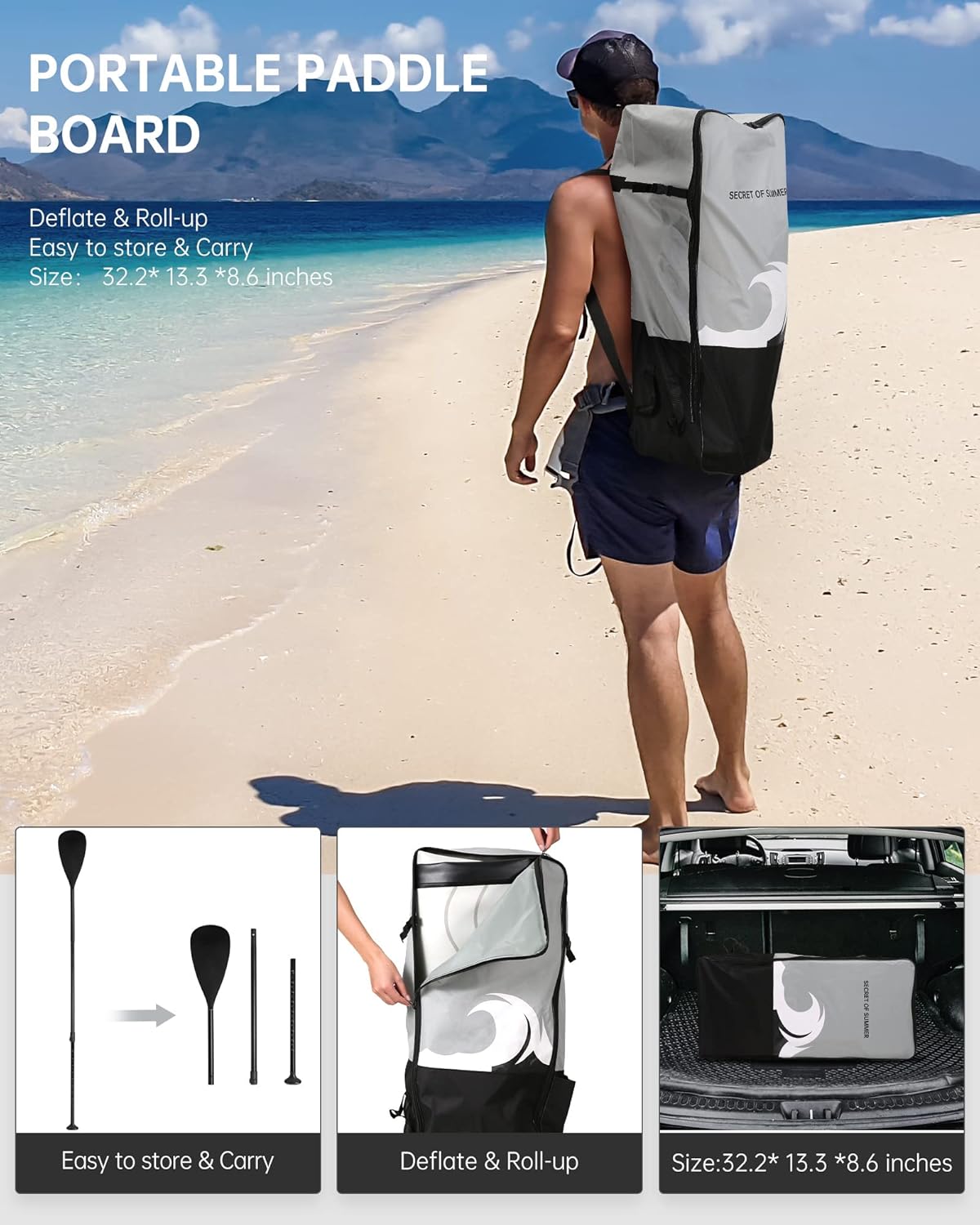 BODIOO Opblaasbaar paddleboard, stand-up paddle-board, SUP met premium paddle-board-accessoires en antislip dek, ISUP-rugzak-paddle-lijnpomp voor visyoga, voor volwassenen en jongeren en kinderen, wit