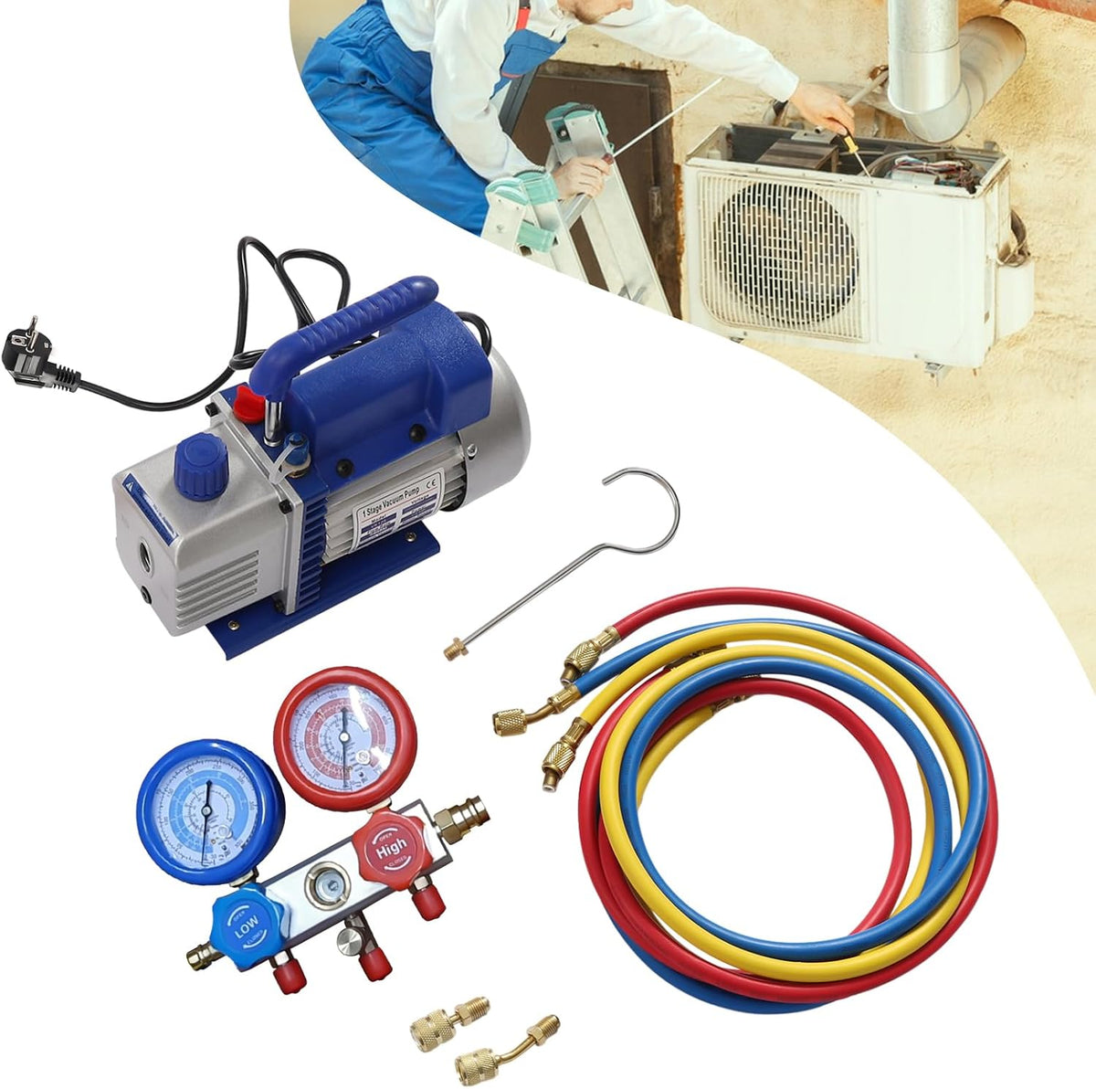 Vacuümpompset – Vacuümpomp – Onderdrukpomp – Aircopomp – Koelmiddelpomp – 180W vermogen – Gietijzeren behuizing