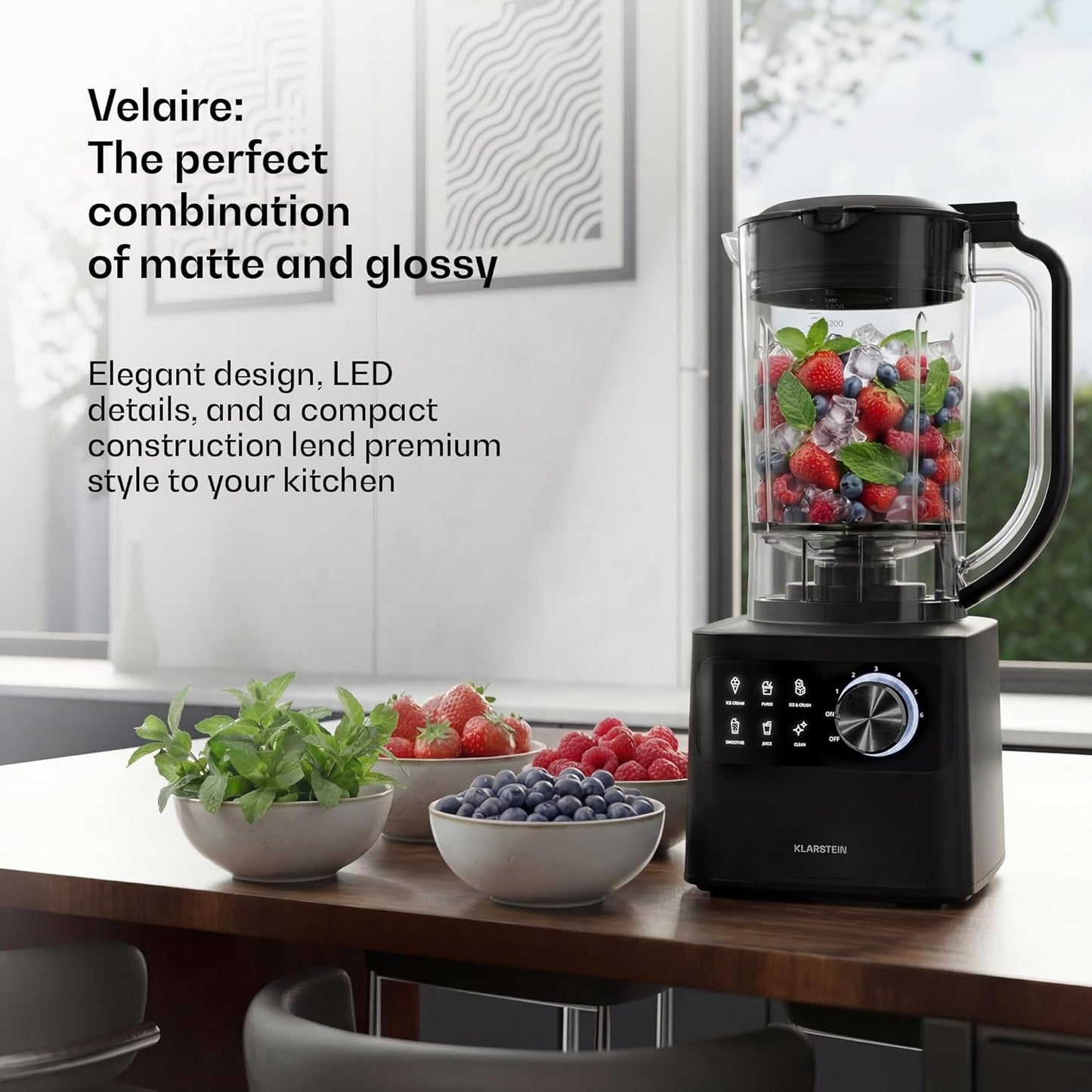 Klarstein Velaire keukenmachine met blender – multifunctionele keukenmachine van 1200 W, kom van 2 liter, blender van 1,75 liter, 6 programma’s en snelheden, sapcentrifuge- en vleesmolenopzetstukken
