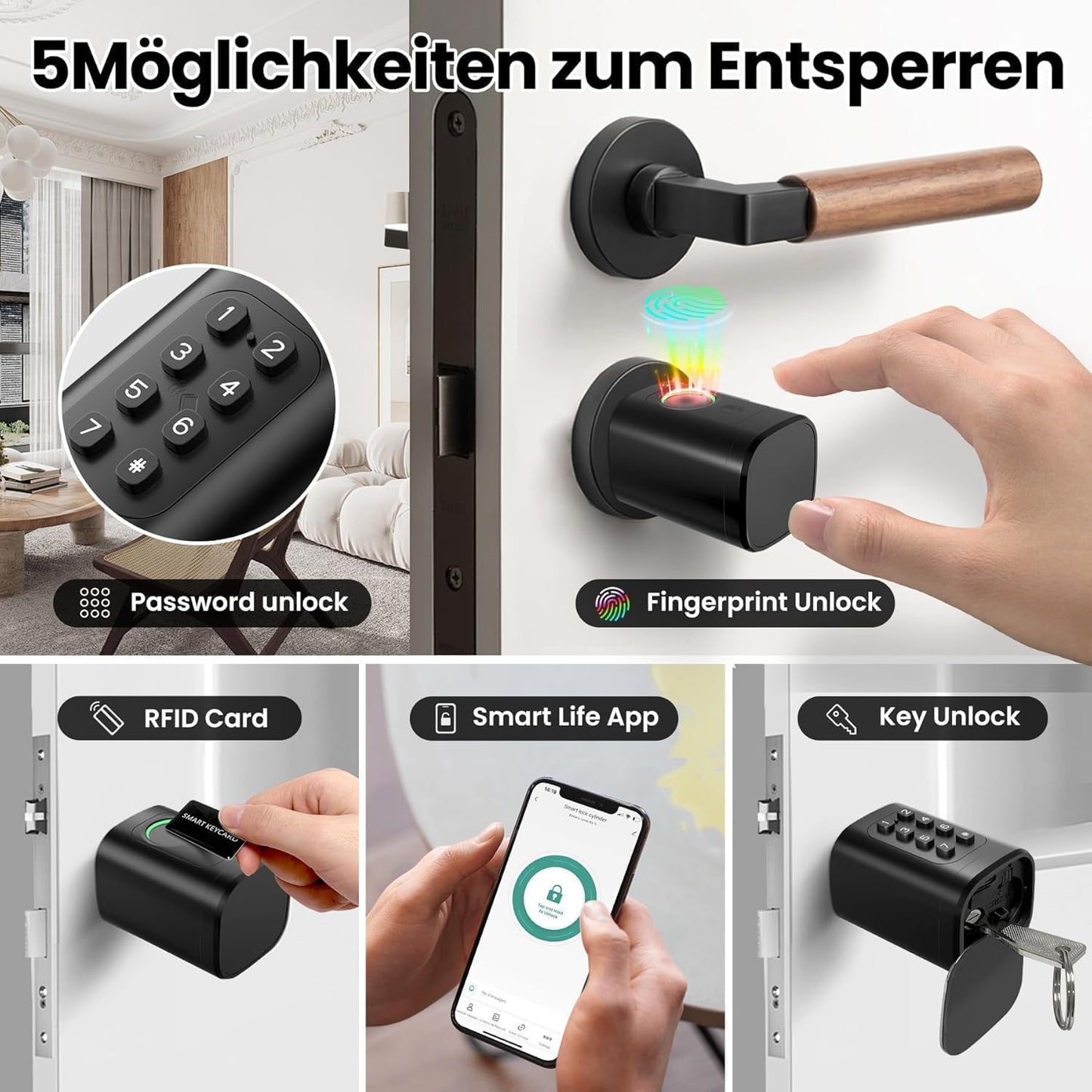 AVATTO Smart deurslot met vingerafdruk en wachtwoord voor 60-90mm deur, sleutelcilindermaat is verstelbaar, met sleutel, IC-kaart, ondersteunt Smart Life app voor afstandsbediening