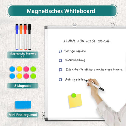 Whiteboard 100 x 150 cm whiteboard magnetisch, magneetbord met aluminium frame, magneetwand, whiteboard met pennenbakje en haak