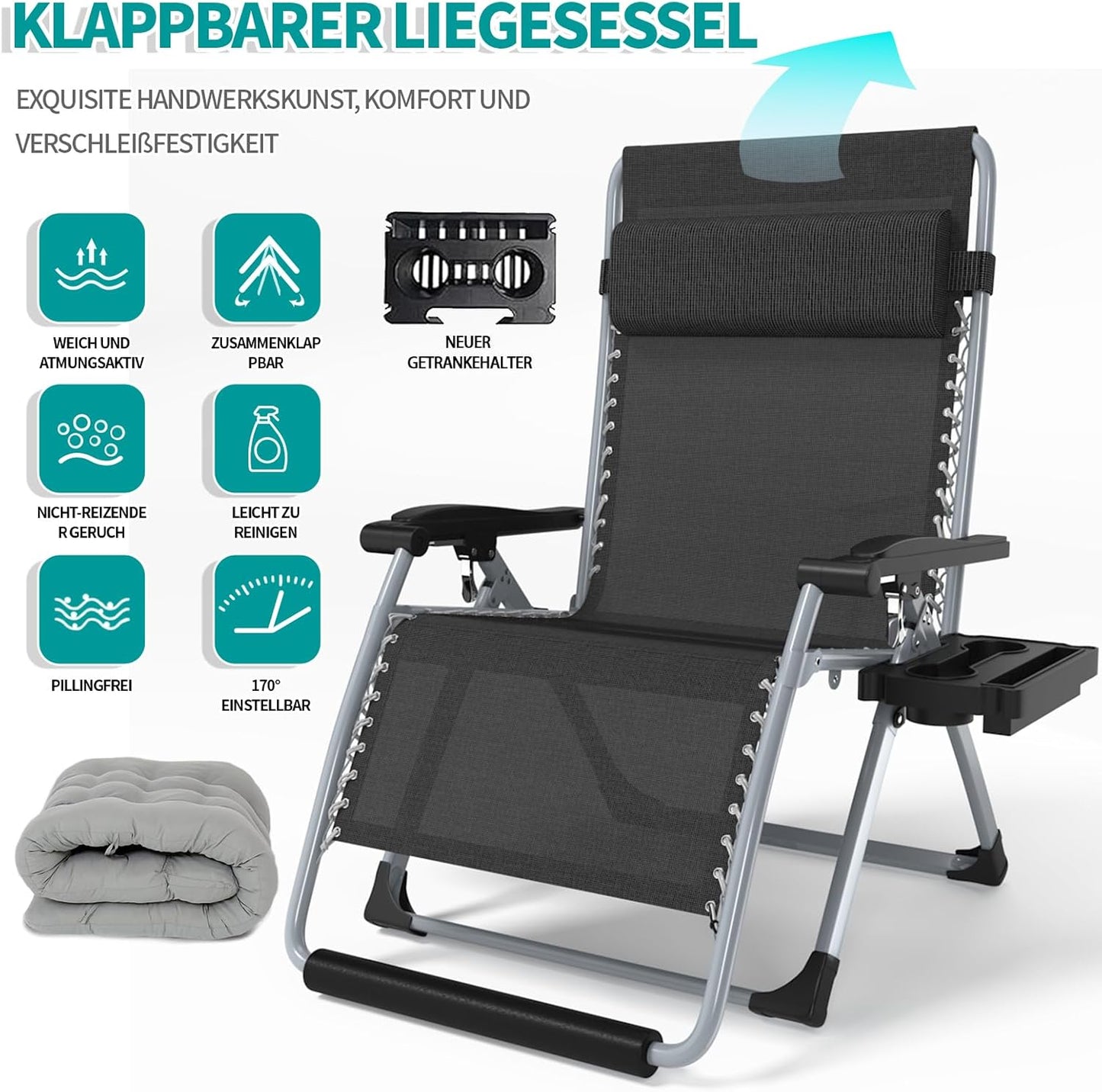 Ligstoel, tuin, relaxstoel, tuin, buiten, met verstelbaar kussen, ligstoel, relaxstoel, voor zwembad, vissen, strand, camping, 200 kg