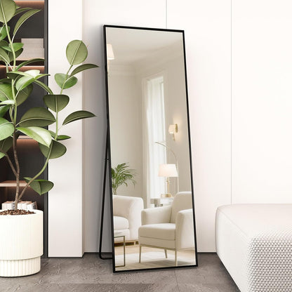 Beauty4U Spiegel in volledige lengte, 140 x 40 cm, vrijstaand, hangend of leunend, grote vloerspiegel met zwart aluminium frame voor woonkamer of slaapkamer