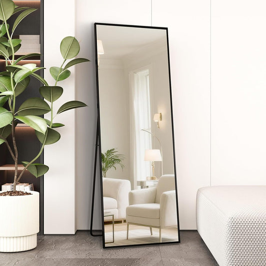 Beauty4U Spiegel in volledige lengte, 140 x 40 cm, vrijstaand, hangend of leunend, grote vloerspiegel met zwart aluminium frame voor woonkamer of slaapkamer