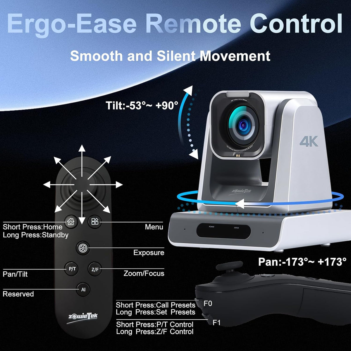 Zowietek 4K PTZ-camera (native NDI|HX3), Ergo-Ease afstandsbediening, ZowieX App, 25x optisch + 12x digitaal, SDI/HDMI/USB, RTSP/RTMP/SRT. Perfect voor vergaderingen, kerk, evenementen, onderwijs.