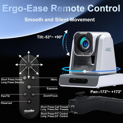 Zowietek 4K PTZ-camera (native NDI|HX3), Ergo-Ease afstandsbediening, ZowieX App, 25x optisch + 12x digitaal, SDI/HDMI/USB, RTSP/RTMP/SRT. Perfect voor vergaderingen, kerk, evenementen, onderwijs.