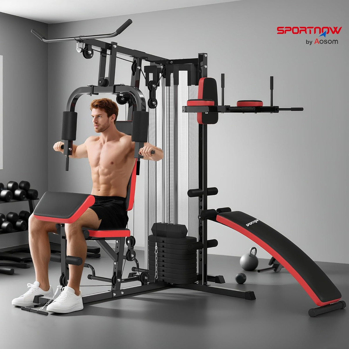 SPORTNOW Kraftstation,Multifunktionale Fitnessstation mit Butterfly- & Latzugstange,Curler, Brustpresse, Sit-Up-Bank, Fitnessgerät mit 65 kg Weightblöcken für Zuhause, Schwarz - QUORE