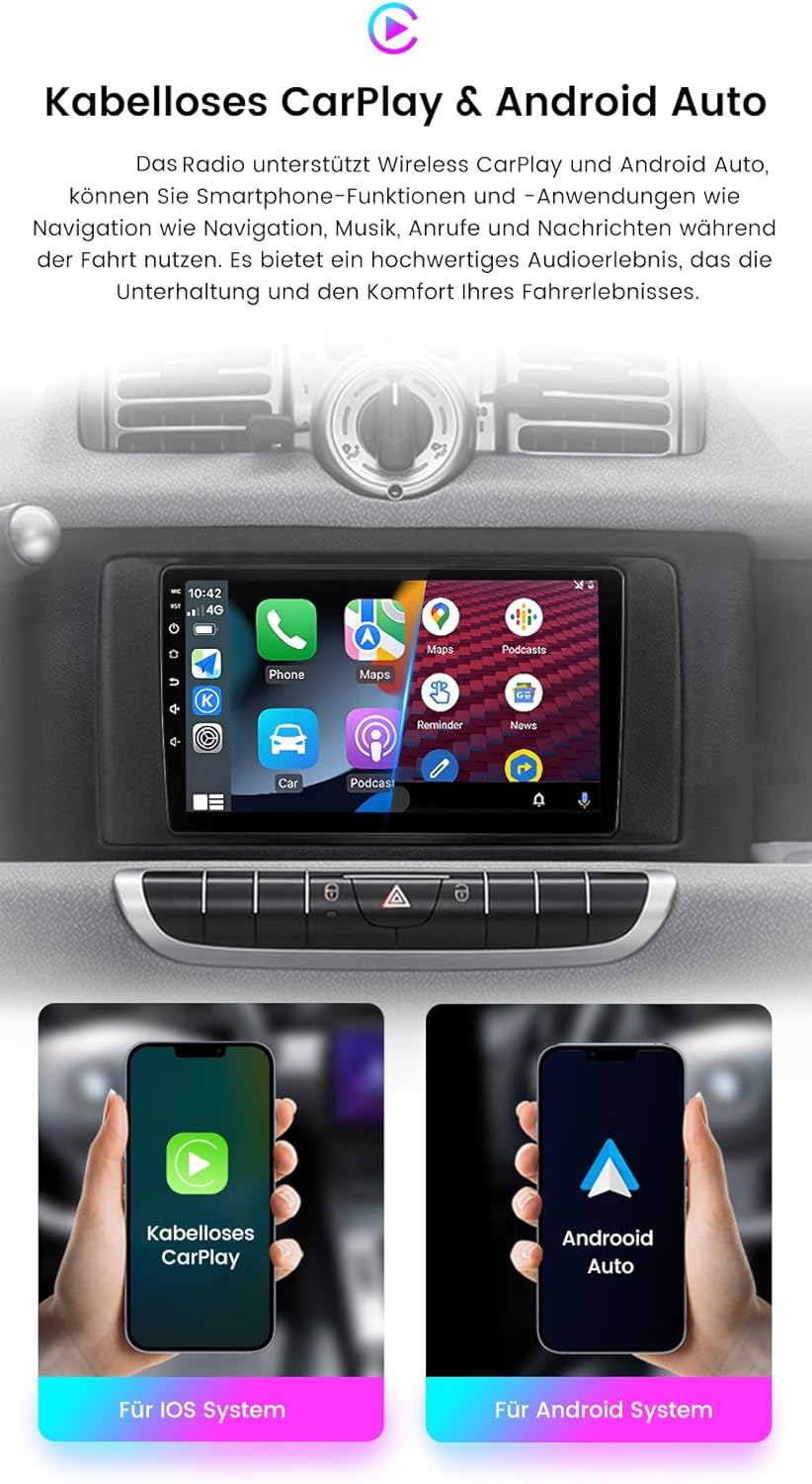 Android autoradio met GPS-navigatie, HD-scherm, touch-display, parkeercamera, nachtzicht, HD achteruitrijcamera voor Smart Forfour 4 Hatchback 453 2014/11-2024/12/Smart Fortwo II Cabriolet Coupe 453