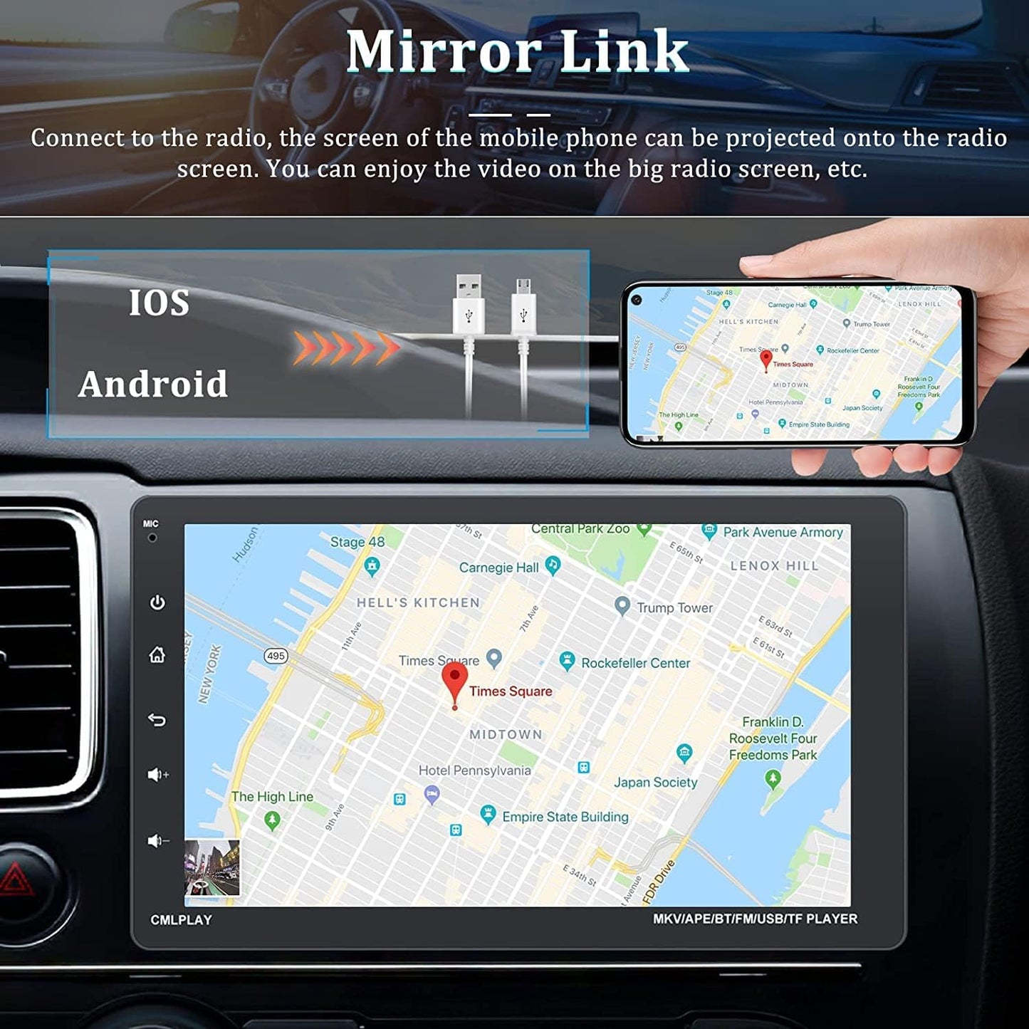 Bluetooth autoradio 1 DIN met Carplay Android Auto, 9 inch afneembaar touchscreen met kleurrijke lichten FM SWC Mirror Link + achteruitrijcamera