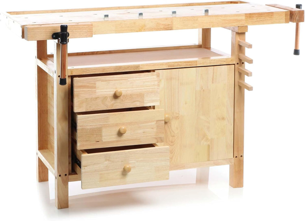 Wiltec houten werkbank 126x50x84 cm incl. spantangen, werkbankhaken, laden en apparatuurvakken