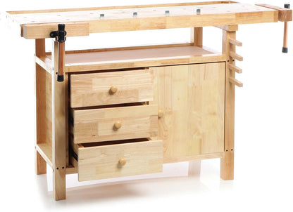 Wiltec houten werkbank 126x50x84 cm incl. spantangen, werkbankhaken, laden en apparatuurvakken